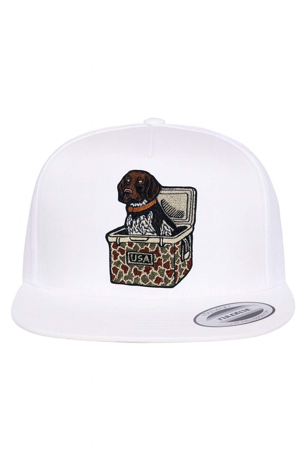 Dog in Cooler USA Patch Hat – White Yupoong 6006 Flatbill Trucker