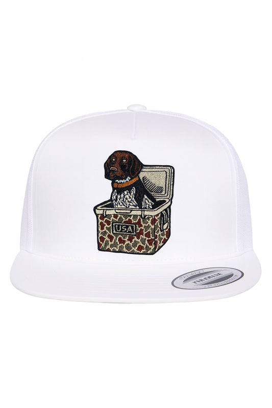 Dog in Cooler USA Patch Hat – White Yupoong 6006 Flatbill Trucker