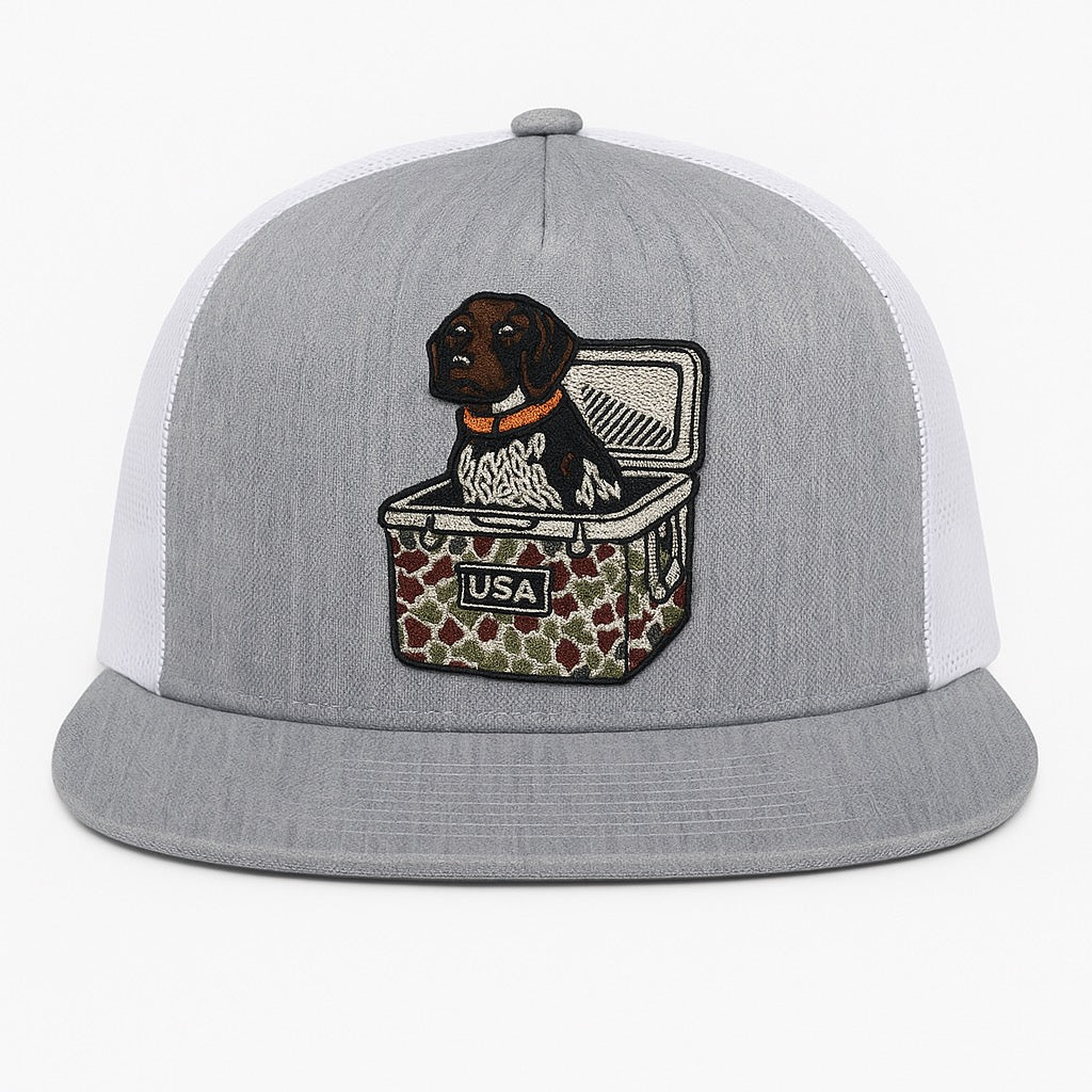 Dog in Cooler USA Patch Hat – White Yupoong 6006 Flatbill Trucker