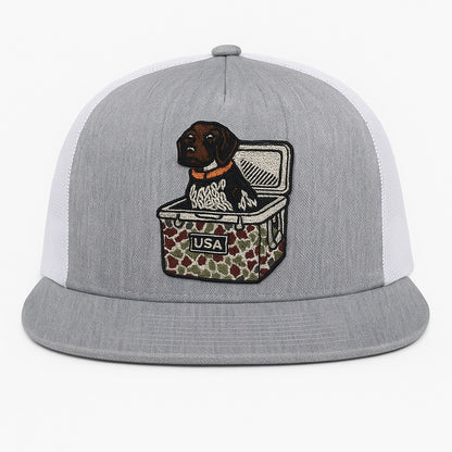 Dog in Cooler USA Patch Hat – White Yupoong 6006 Flatbill Trucker