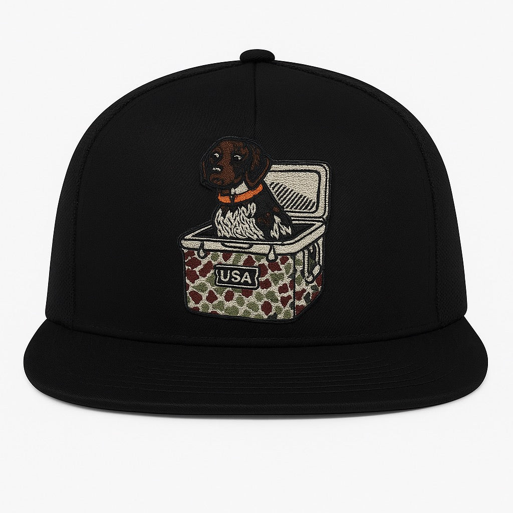 Dog in Cooler USA Patch Hat – White Yupoong 6006 Flatbill Trucker