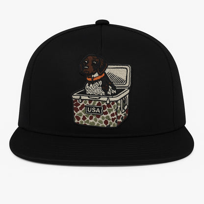 Dog in Cooler USA Patch Hat – White Yupoong 6006 Flatbill Trucker