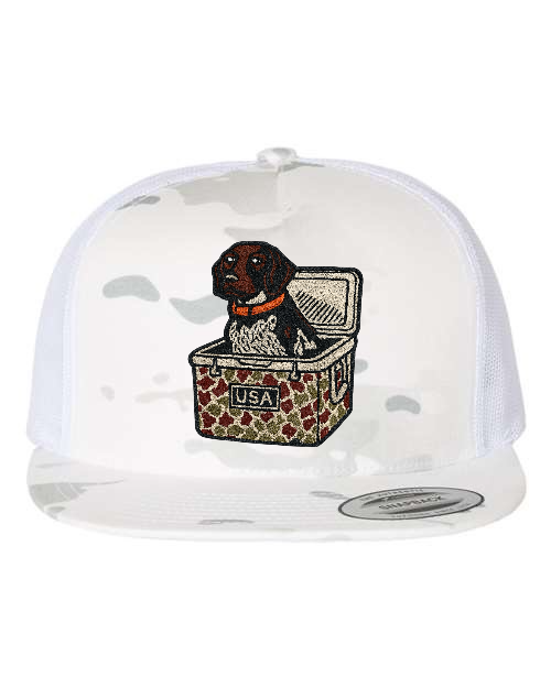 Dog in Cooler USA Patch Hat – White Yupoong 6006 Flatbill Trucker