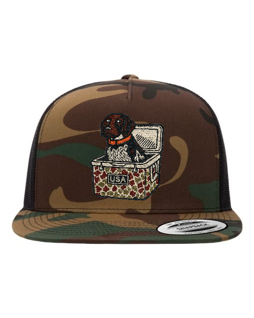 Dog in Cooler USA Patch Hat – White Yupoong 6006 Flatbill Trucker