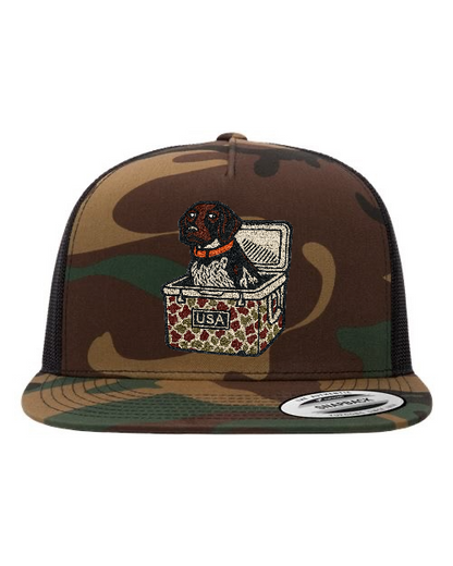 Dog in Cooler USA Patch Hat – White Yupoong 6006 Flatbill Trucker