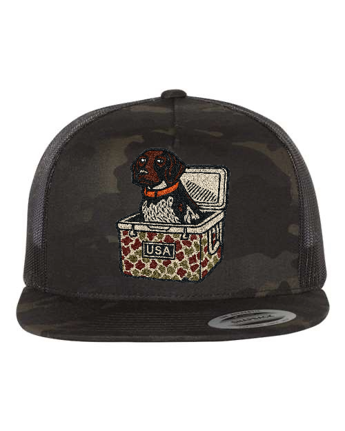Dog in Cooler USA Patch Hat – White Yupoong 6006 Flatbill Trucker