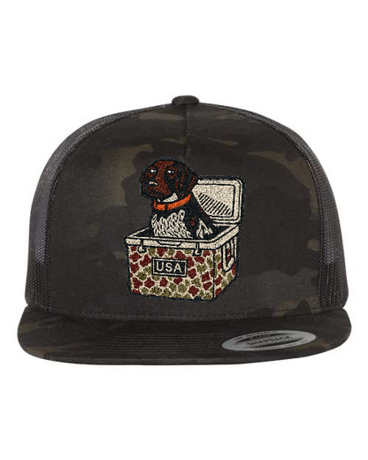 Dog in Cooler USA Patch Hat – White Yupoong 6006 Flatbill Trucker